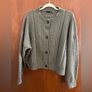 DAZY Drop Shoulder Cable Knit Cardigan Chocolate Brown Round Neck Plain Casual